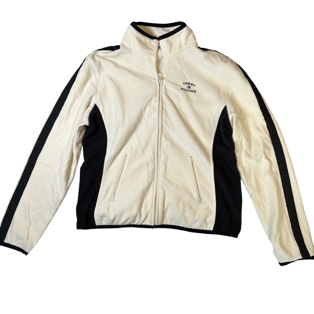 Tommy Hilfiger Womens XL Full Zip Fleece Jacket Cream Black Colorblock Mock Neck